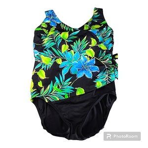 Robby Len Swimsuit Fashion one piece, black, tropical print, 38" bust